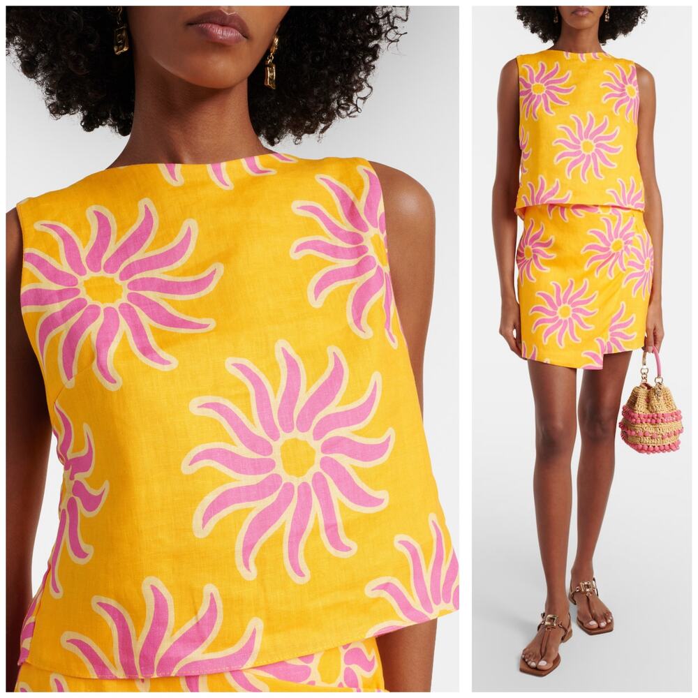 Cala De La Cruz Avelino Printed Linen Crop Top Size Large Yellow Sun Boho NEW